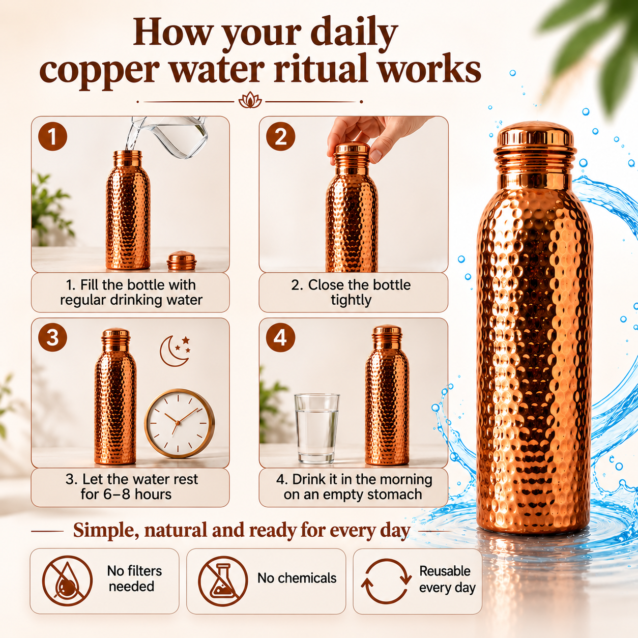 Premium Drinking Bottle Made of 100% Solid Copper – Plastic-Free and Inspired by Ayurveda