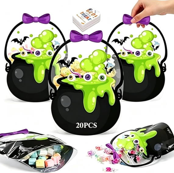 🎃Halloween Plastic Goodie Bags, Trick or Treat Candy Bags, Cauldron, Skeleton, Black Cat, Skull, Pumpkin Pattern Treat Bags, Halloween Party Favor Snack Storage Bags for Classroom, Birthday, Students, Teachers, Neighbors