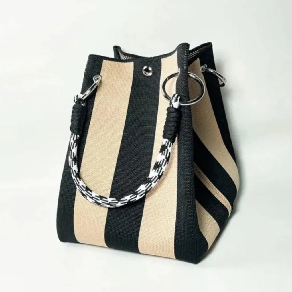 🏆👜 Boho Striped Knit Bucket Handbag for Women – Handmade Summer Beach Shoulder Bag
