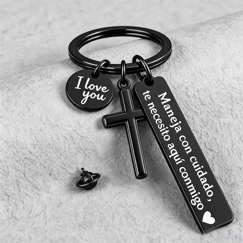 Stainless Steel Cross Keychain with Drive Safe
