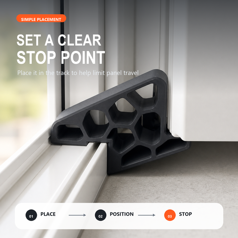 💥LAST DAY BUY 1 GET 1 FREE🥳Secure Track Door Stop – Absorbs impact, reduces slamming & protects rails. Compact locking design – fits sliding windows & balcony doors! 🛡️🔇