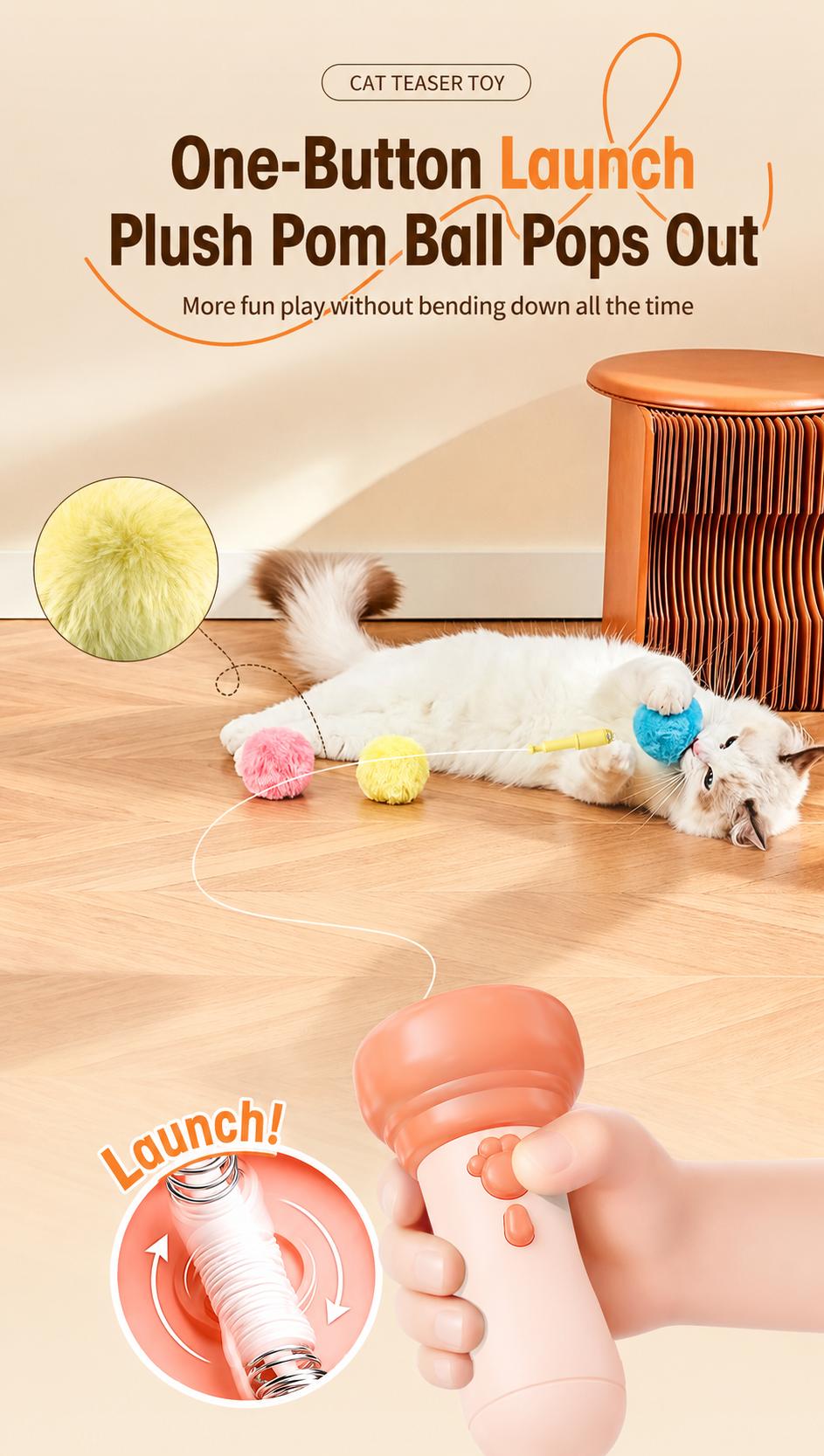Electric Cat Wand Toy for Indoor Cats, 2026 New Interactive Automatic Retractable Cat Teaser with Plush Ball, Fuzzy Ball Launchers Enrichment Toy for Kittens Adult Multi Pet Households