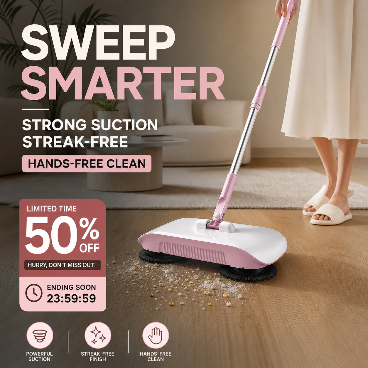 🧹LIMITED TIME 50% OFF! Manual Hands-Free Sweeper Broom, 3-in-1 Sweep Suction Mop Cleaner with Strong Suction Streak-Free Floor Cleaning for Pet Hair Dust Debris