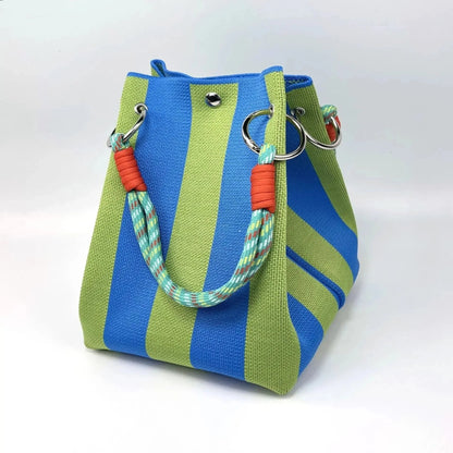 🏆👜  Boho Striped Knit Bucket Handbag for Women – Handmade Summer Beach Shoulder Bag