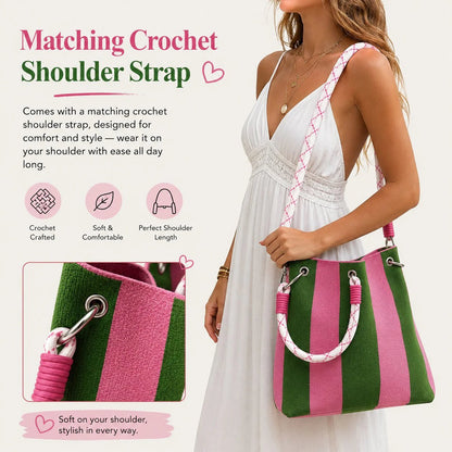 🏆👜  Boho Striped Knit Bucket Handbag for Women – Handmade Summer Beach Shoulder Bag