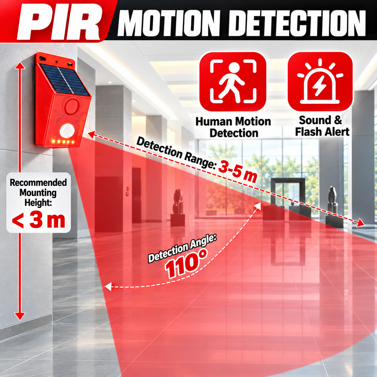 🎃Halloween Deal 50% OFF!🏡Solar PIR Motion Sensor Alarm – 110dB Siren, Flashing LEDs & 4 Modes