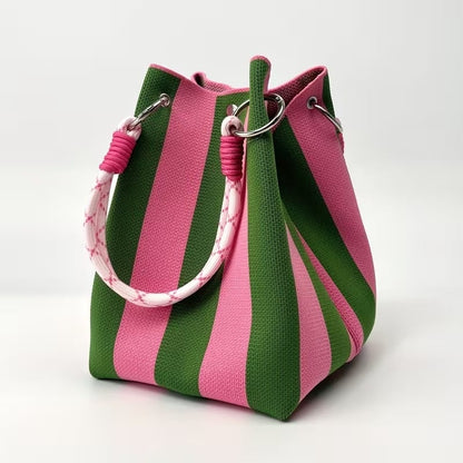 🏆👜  Boho Striped Knit Bucket Handbag for Women – Handmade Summer Beach Shoulder Bag