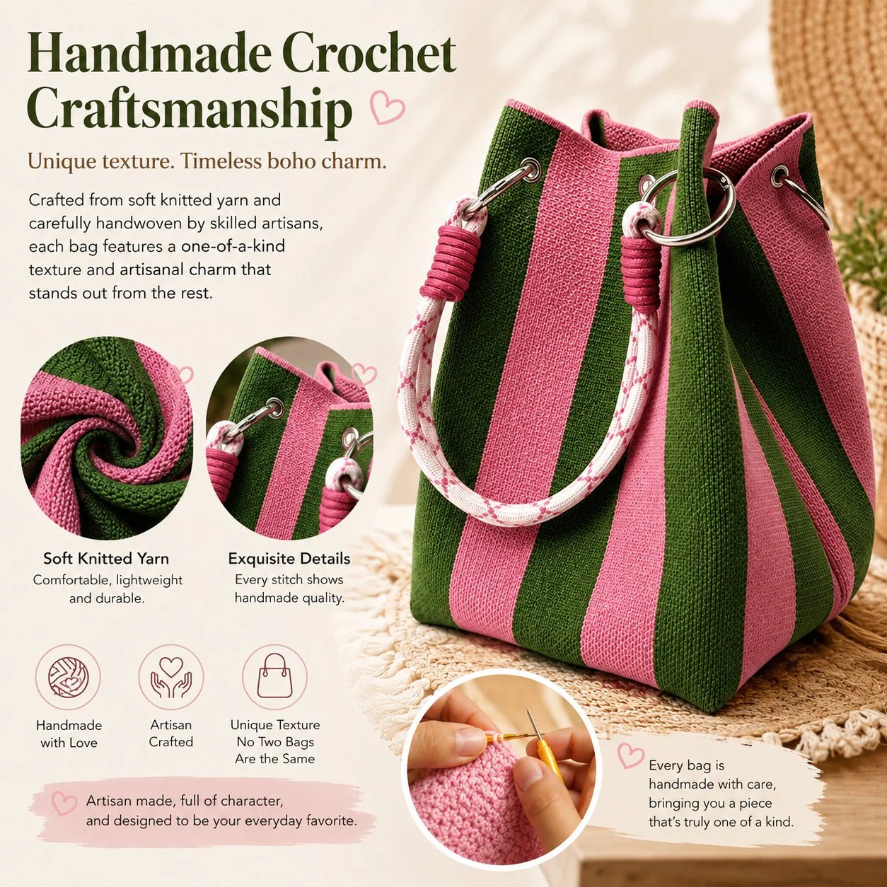 🏆👜  Boho Striped Knit Bucket Handbag for Women – Handmade Summer Beach Shoulder Bag