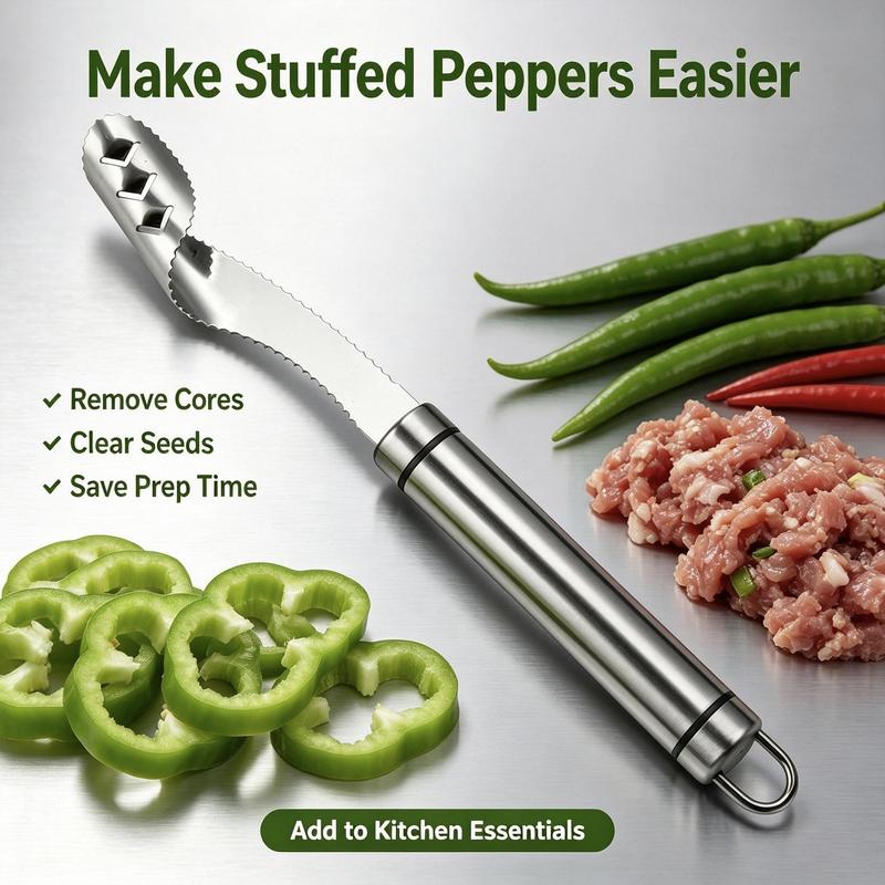 Stainless Steel Pepper Corer Seed Remover Tool, Chili Bell Pepper Core Deseeder, Multi Vegetable Seed Core Remover for Tomato Cucumber Kitchen Gadget