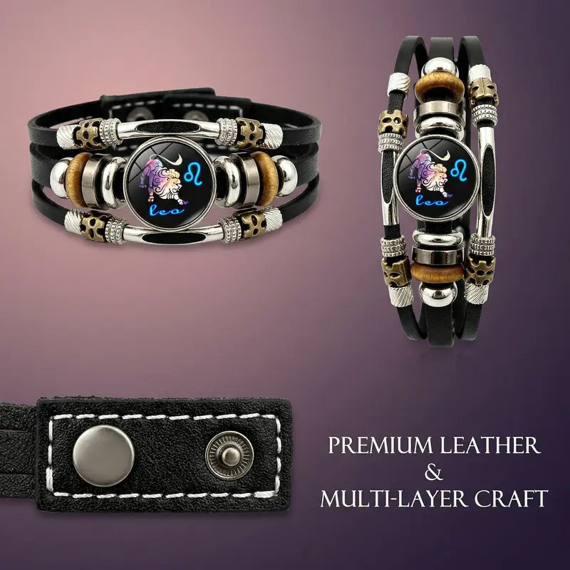 🎉 2026 Sale — Over 21 300 Sold!🔥 Glow‑in‑the‑dark Leather Zodiac Sign Bracelet