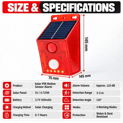 🎃Halloween Deal 50% OFF!🏡Solar PIR Motion Sensor Alarm – 110dB Siren, Flashing LEDs & 4 Modes