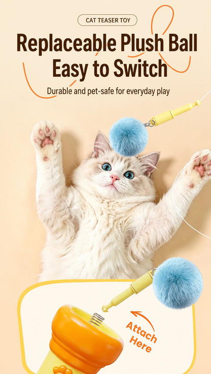 Electric Cat Wand Toy for Indoor Cats, 2026 New Interactive Automatic Retractable Cat Teaser with Plush Ball, Fuzzy Ball Launchers Enrichment Toy for Kittens Adult Multi Pet Households