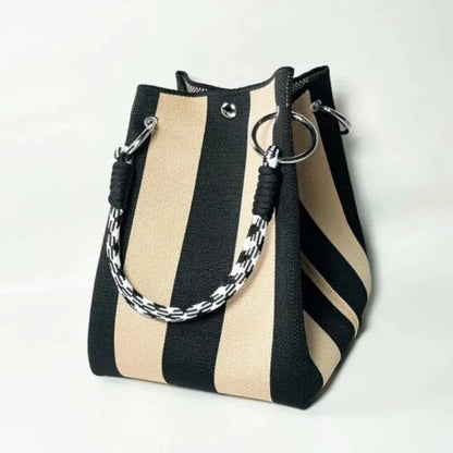 🏆👜  Boho Striped Knit Bucket Handbag for Women – Handmade Summer Beach Shoulder Bag