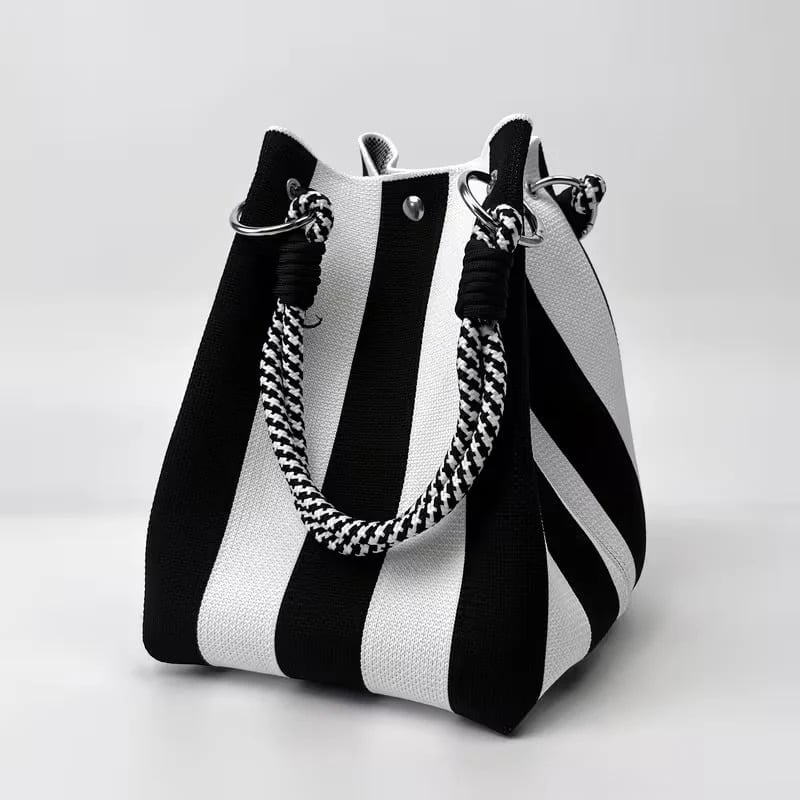 🏆👜  Boho Striped Knit Bucket Handbag for Women – Handmade Summer Beach Shoulder Bag