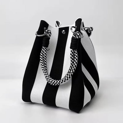 🏆👜  Boho Striped Knit Bucket Handbag for Women – Handmade Summer Beach Shoulder Bag