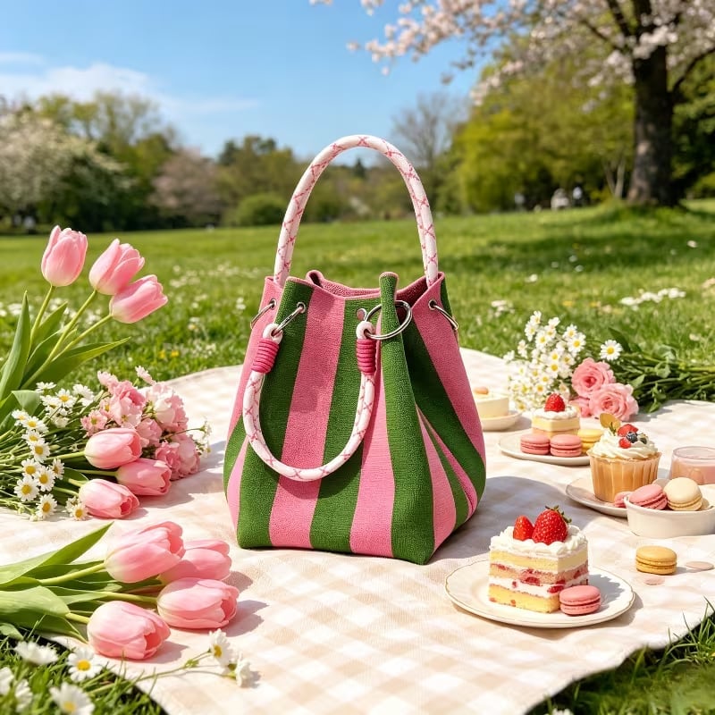 🏆👜  Boho Striped Knit Bucket Handbag for Women – Handmade Summer Beach Shoulder Bag