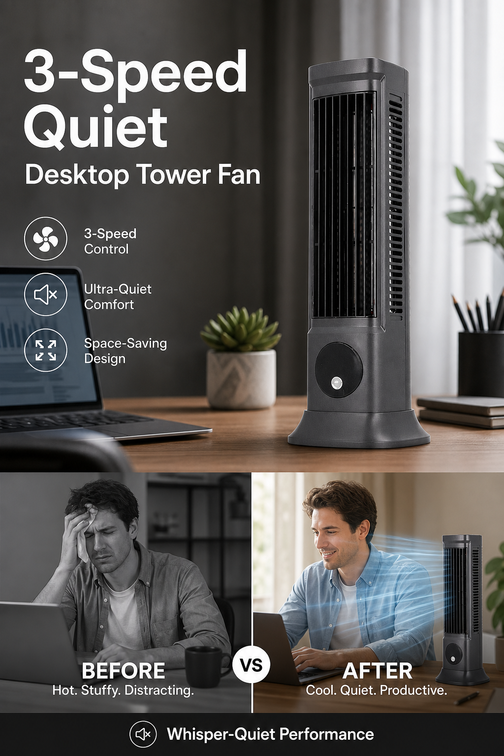 3-Speed Quiet Desktop Tower Fan
