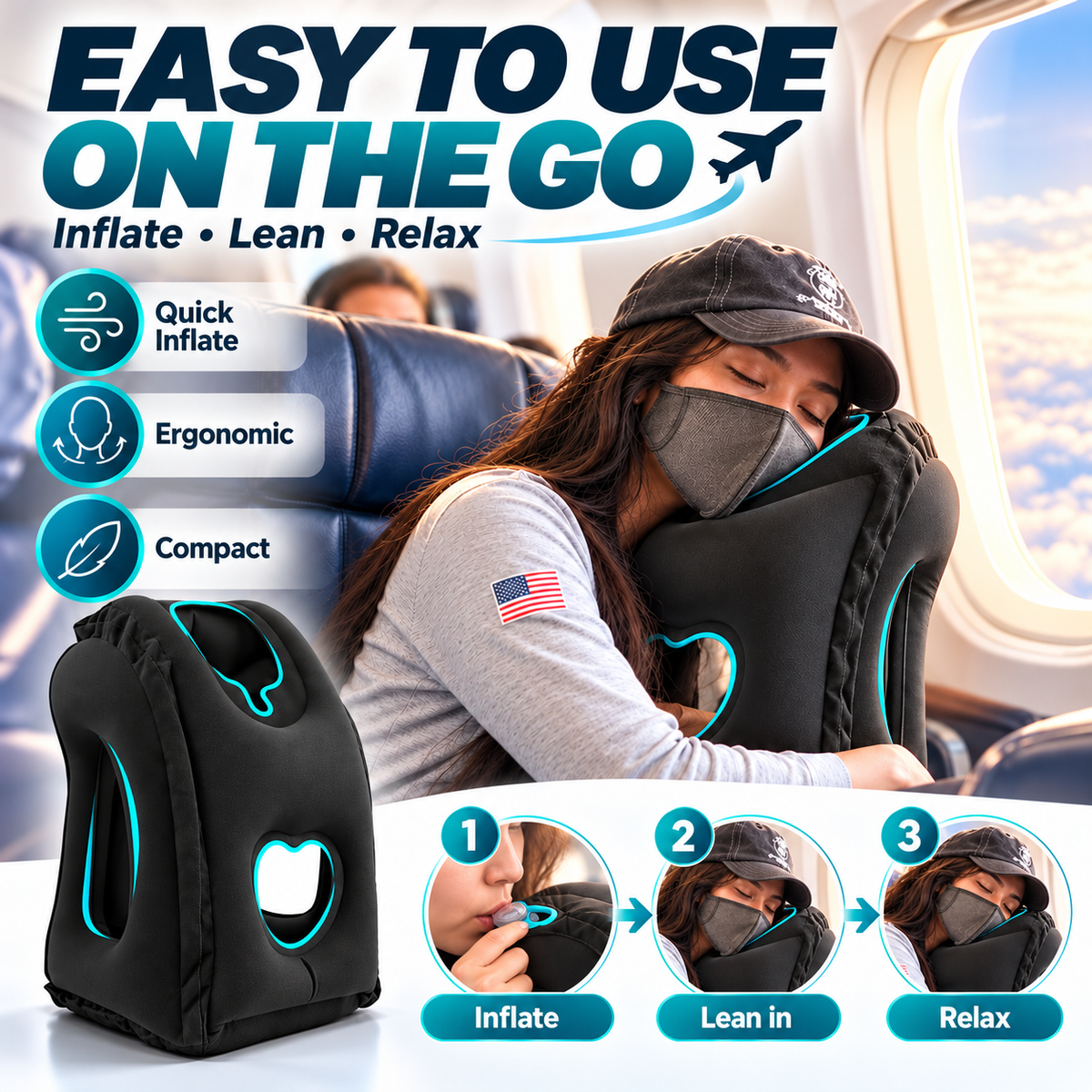 ✈️ Inflatable Ergonomic Hollow-Cutout Travel Pillow – PVC Flocking, Quick Inflate, With Storage Bag ✨