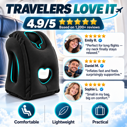 ✈️ Inflatable Ergonomic Hollow-Cutout Travel Pillow – PVC Flocking, Quick Inflate, With Storage Bag ✨