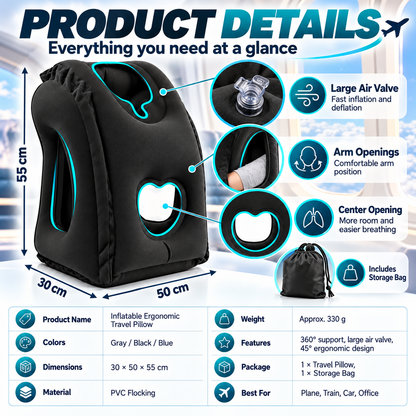 ✈️ Inflatable Ergonomic Hollow-Cutout Travel Pillow – PVC Flocking, Quick Inflate, With Storage Bag ✨