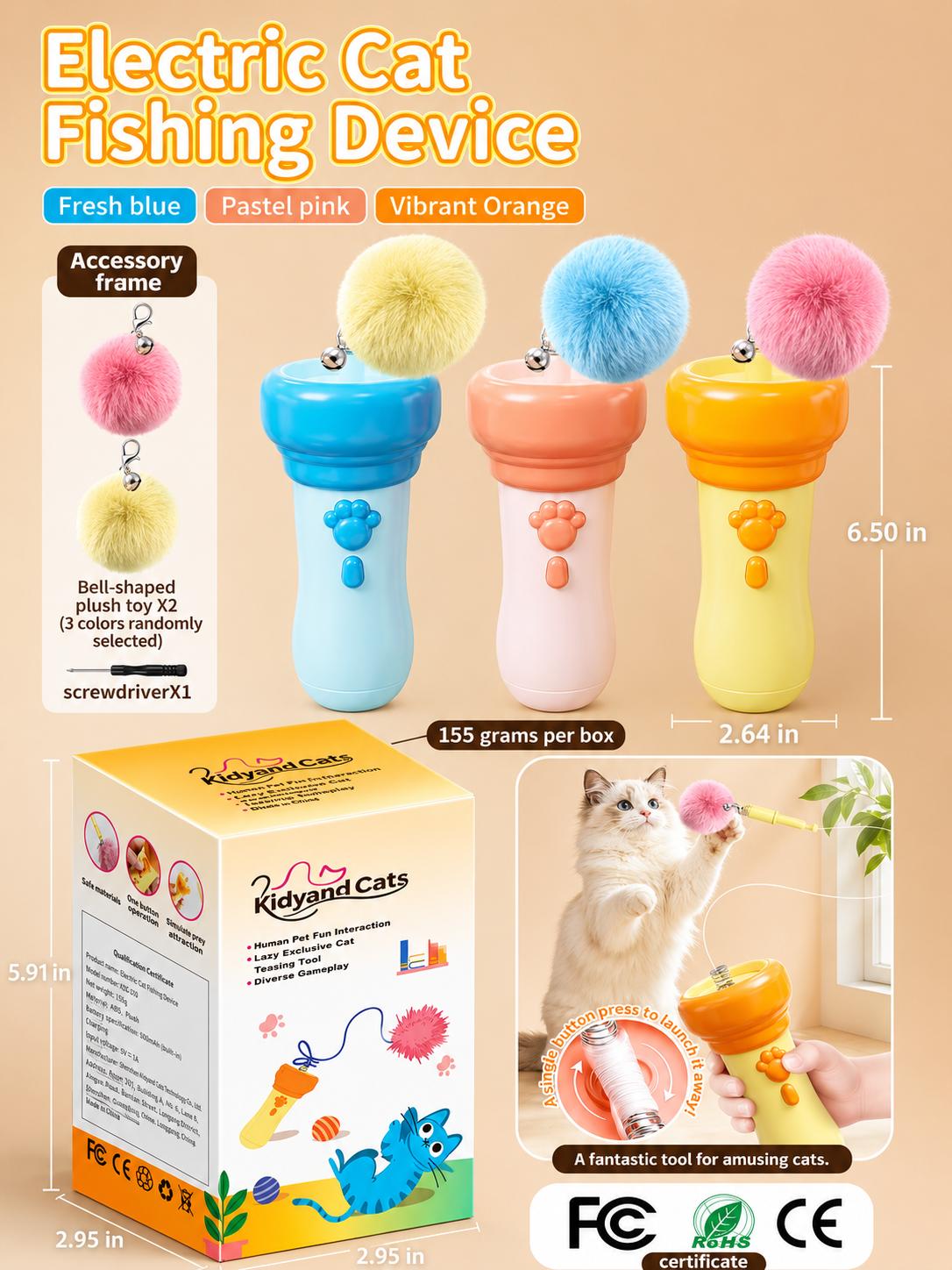 Electric Cat Wand Toy for Indoor Cats, 2026 New Interactive Automatic Retractable Cat Teaser with Plush Ball, Fuzzy Ball Launchers Enrichment Toy for Kittens Adult Multi Pet Households