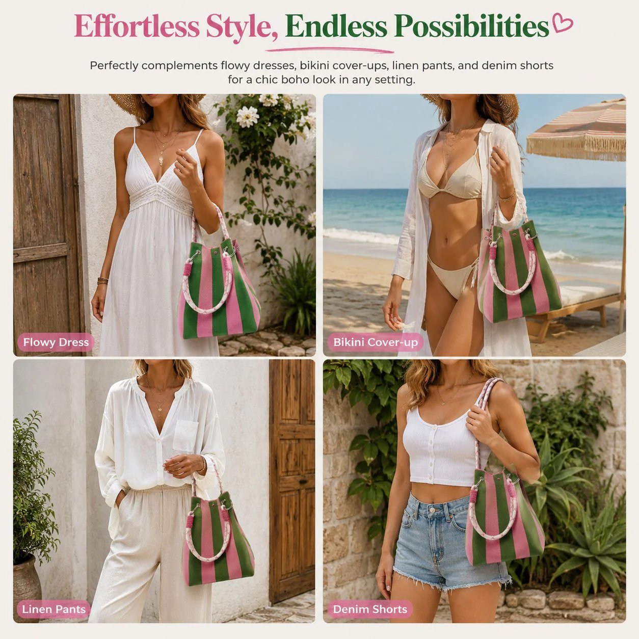 🏆👜  Boho Striped Knit Bucket Handbag for Women – Handmade Summer Beach Shoulder Bag