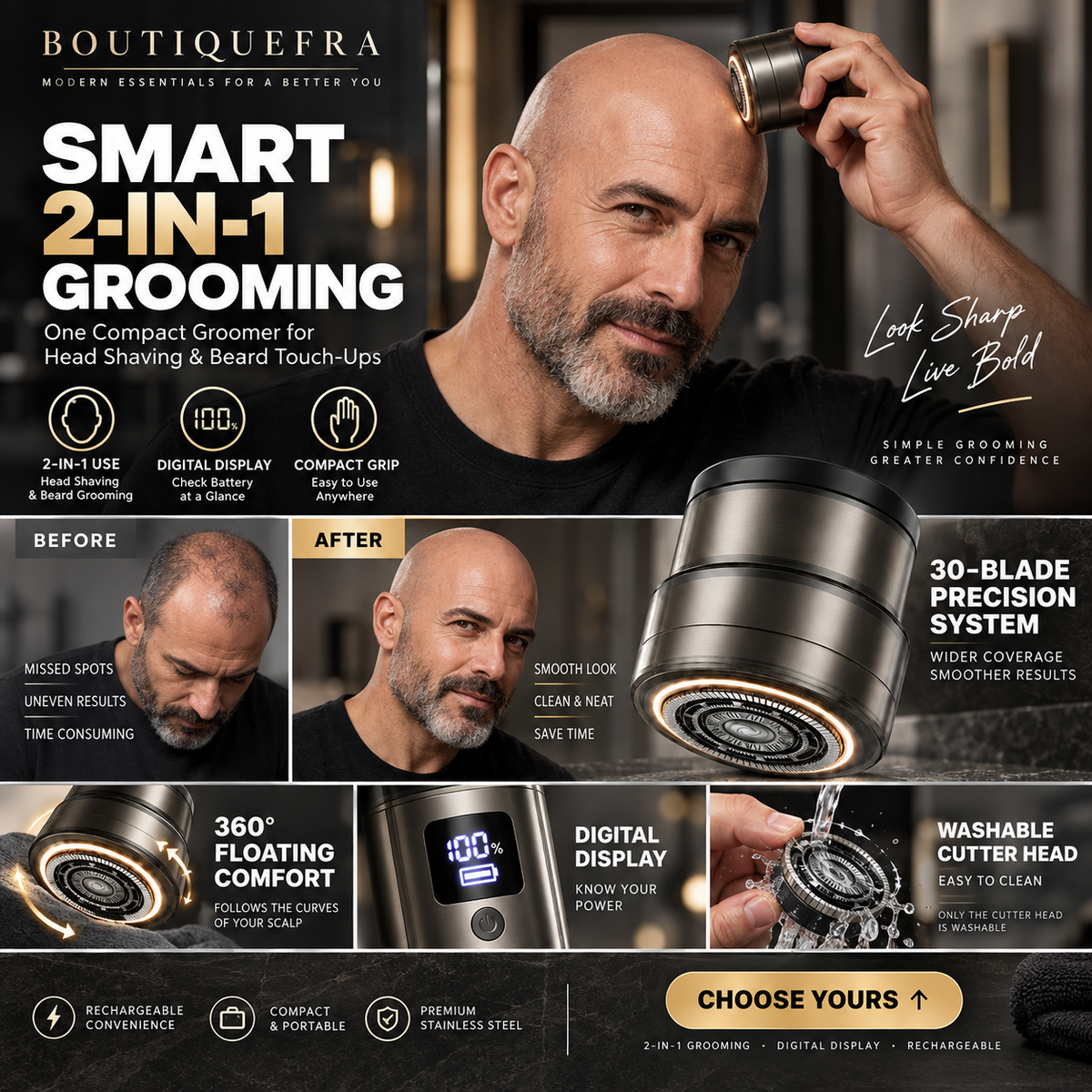 ⚡ LIMITED-TIME 50% OFF! 🪒 2-in-1 Smart Head Shaver & Beard Trimmer – Easy Grooming, Rinsable Head & Digital Display 🔥