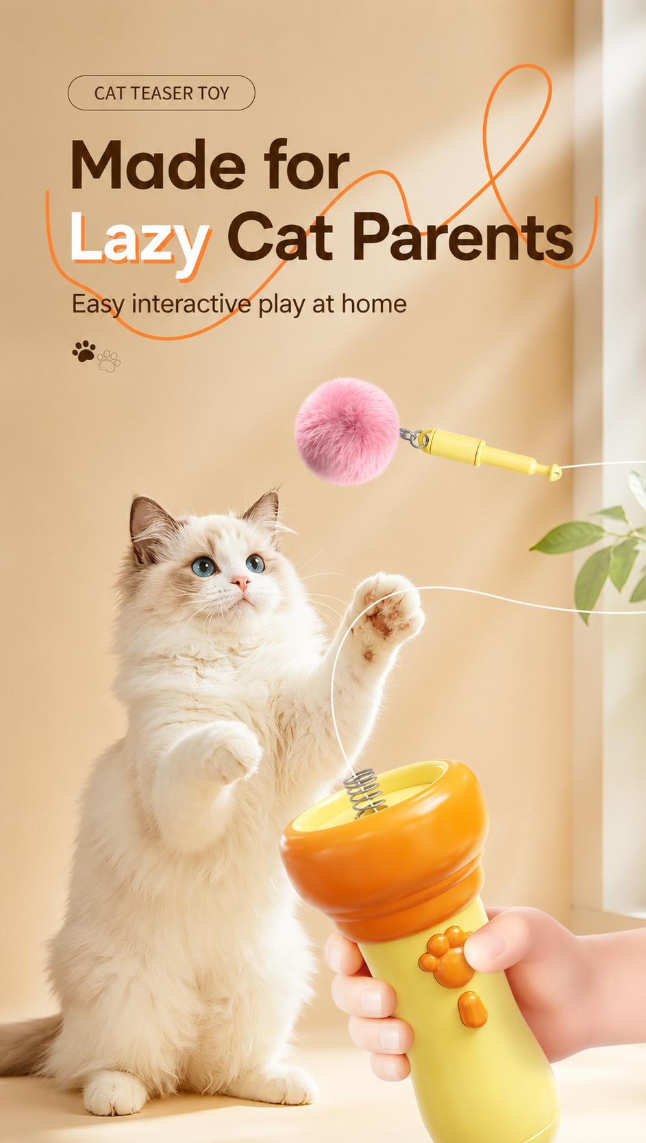Electric Cat Wand Toy for Indoor Cats, 2026 New Interactive Automatic Retractable Cat Teaser with Plush Ball, Fuzzy Ball Launchers Enrichment Toy for Kittens Adult Multi Pet Households