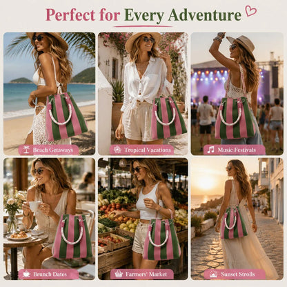 🏆👜  Boho Striped Knit Bucket Handbag for Women – Handmade Summer Beach Shoulder Bag