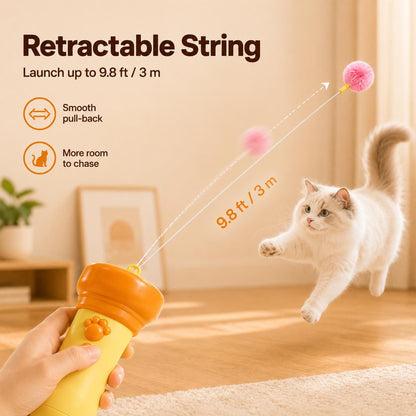 Electric Cat Wand Toy for Indoor Cats, 2026 New Interactive Automatic Retractable Cat Teaser with Plush Ball, Fuzzy Ball Launchers Enrichment Toy for Kittens Adult Multi Pet Households
