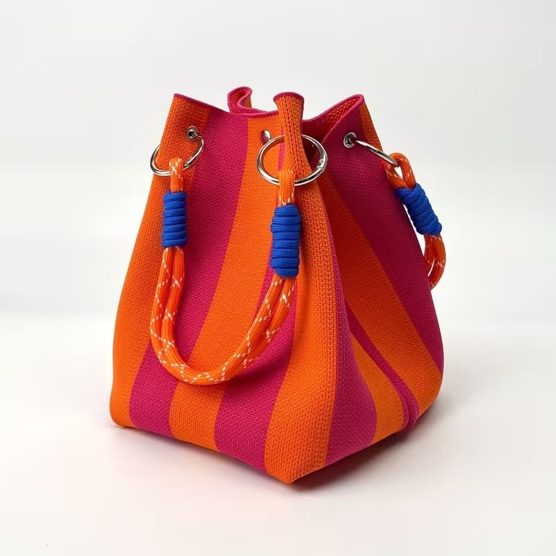 🏆👜  Boho Striped Knit Bucket Handbag for Women – Handmade Summer Beach Shoulder Bag