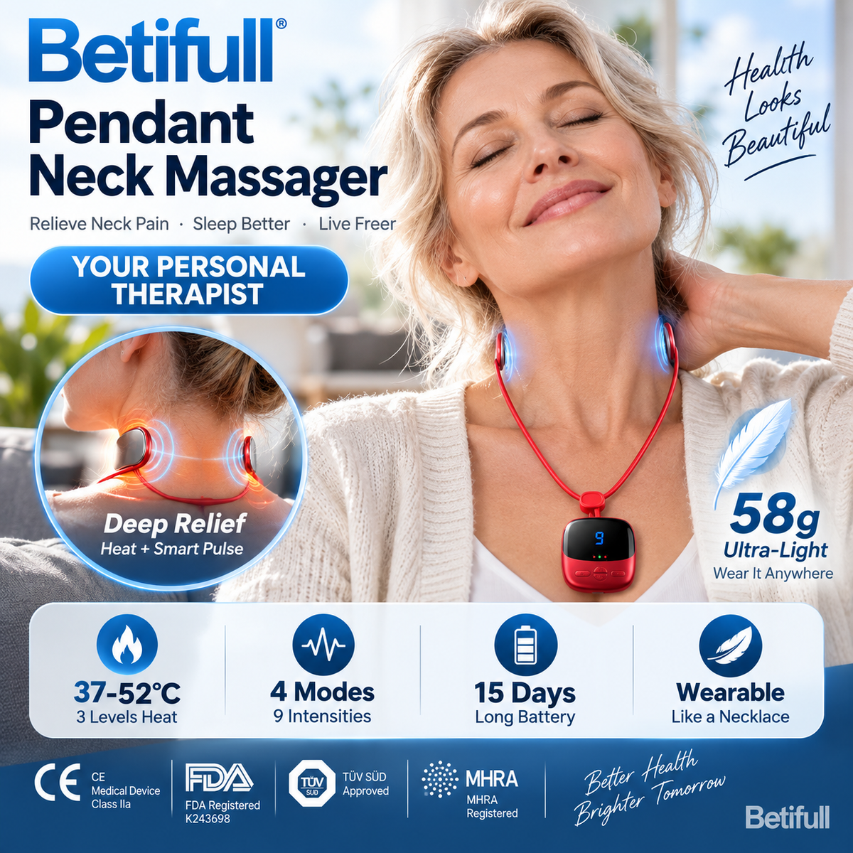 🥳2026 HOT SALE🥳💞50K+ SOLD! 🧘‍♀️💆 50% OFF! Pendant Neck Massager – wearable design, 3 heat levels & 9 intensities melt away stiffness. No more painkillers – gentle electrical pulses relax deep neck muscles naturally! 🔥💚