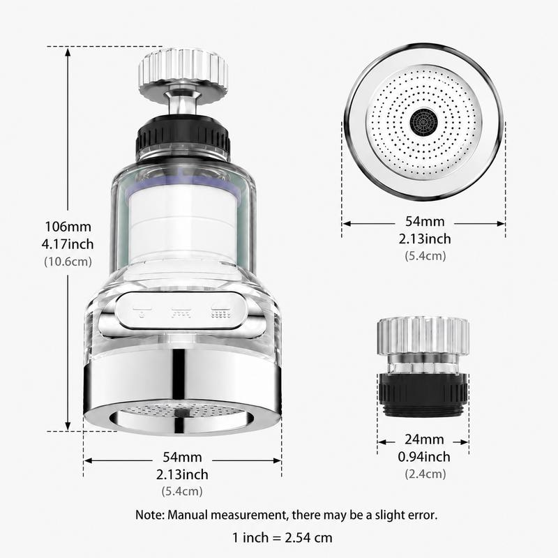 360° Rotating Faucet Aerator Filter 6-Layer Filtration 3 Water Modes Splash-Free for Kitchen Sink Fruit Vegetable Cleaning