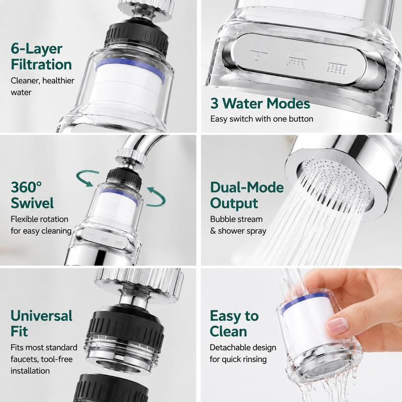 360° Rotating Faucet Aerator Filter 6-Layer Filtration 3 Water Modes Splash-Free for Kitchen Sink Fruit Vegetable Cleaning