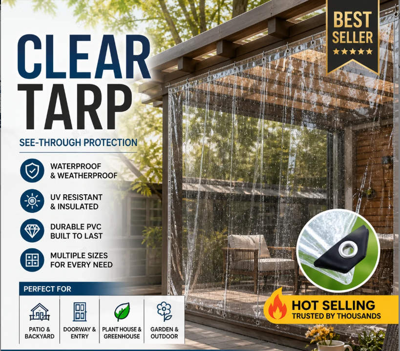 ❄️Summerfresh 50% OFF!🌧️Heavy-Duty 14 Mil Clear PVC Tarpaulin – Waterproof Outdoor Cover with Reinforced Eyelets