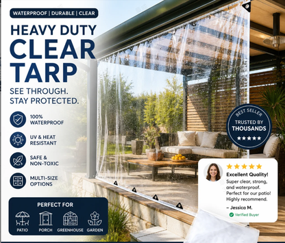 ❄️Summerfresh 50% OFF!🌧️Heavy-Duty 14 Mil Clear PVC Tarpaulin – Waterproof Outdoor Cover with Reinforced Eyelets