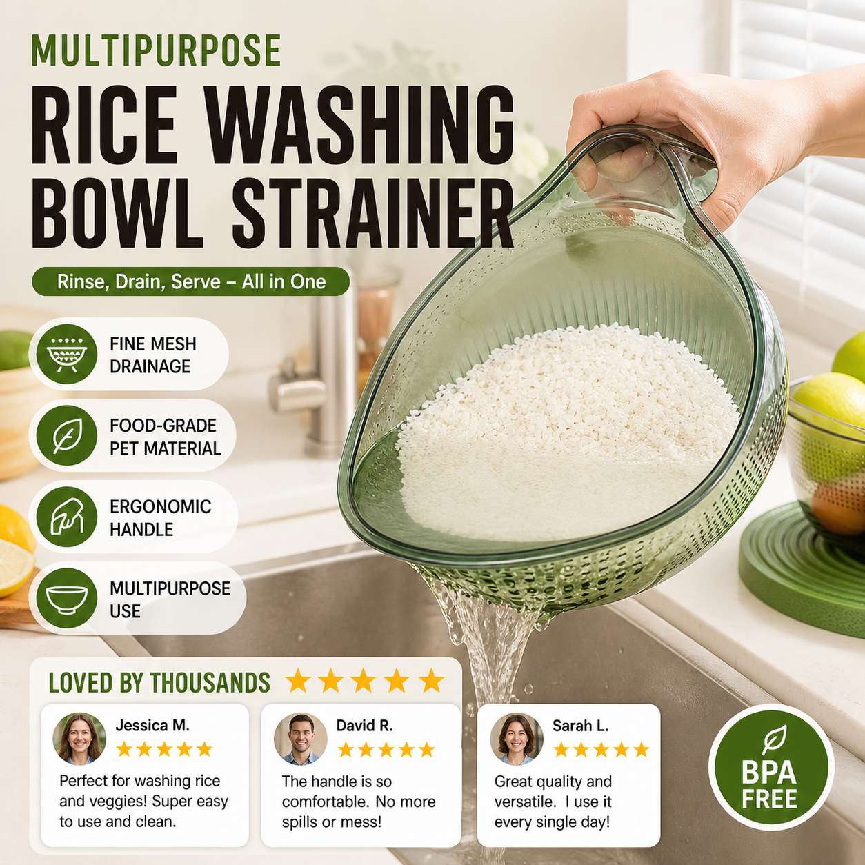 📢📢50% OFF & In Stock⏰ Wash Rice Without Losing a Grain – Fine Mesh Colander Bowl with Handle. UK Stock ✨