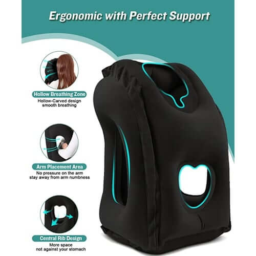 ✈️ Inflatable Ergonomic Hollow-Cutout Travel Pillow – PVC Flocking, Quick Inflate, With Storage Bag ✨
