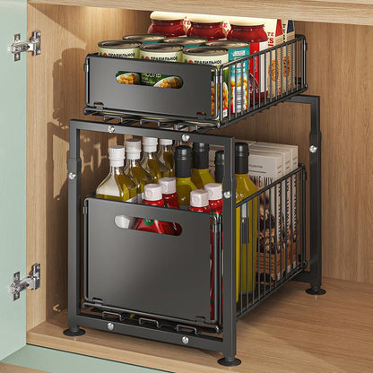 💪🥫 FLASH SALE 50% OFF! Double-Tier Pull-Out Shelf Cabinet Organiser – 5 Height Adjustments, 2 Pull-Out Tiers, Carbon Steel & Large Capacity – No Assembly Required ✨