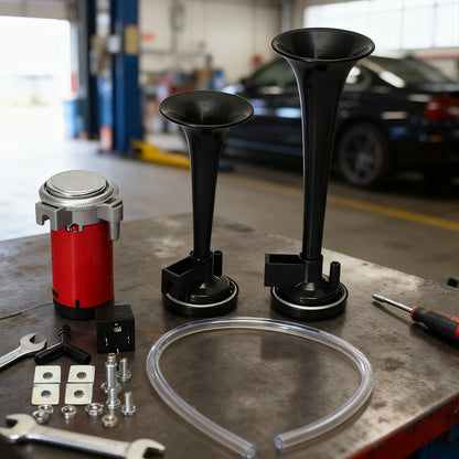 📣🚗 Universal 12V Dual Trumpet Air Horn Kit – Loud Dual-Tone Sound Upgrade