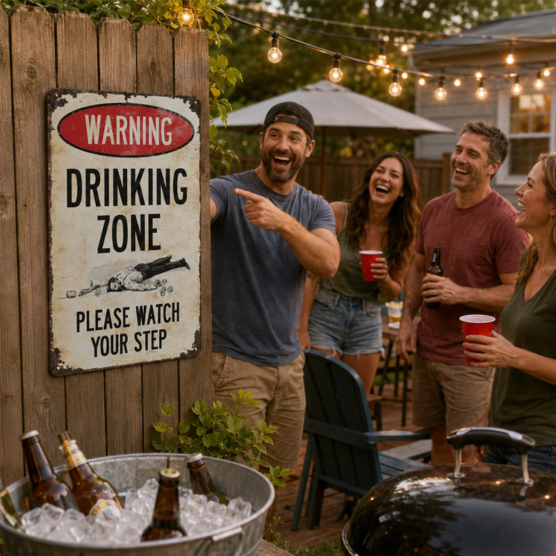 Retro Metal Drinking Zone Warning Sign for Bar Decor