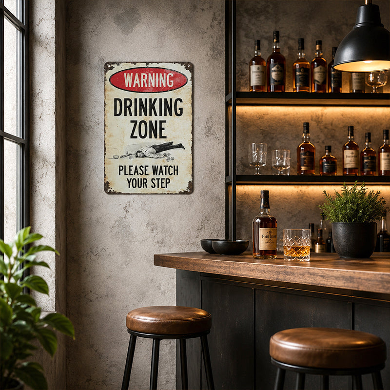 Retro Metal Drinking Zone Warning Sign for Bar Decor
