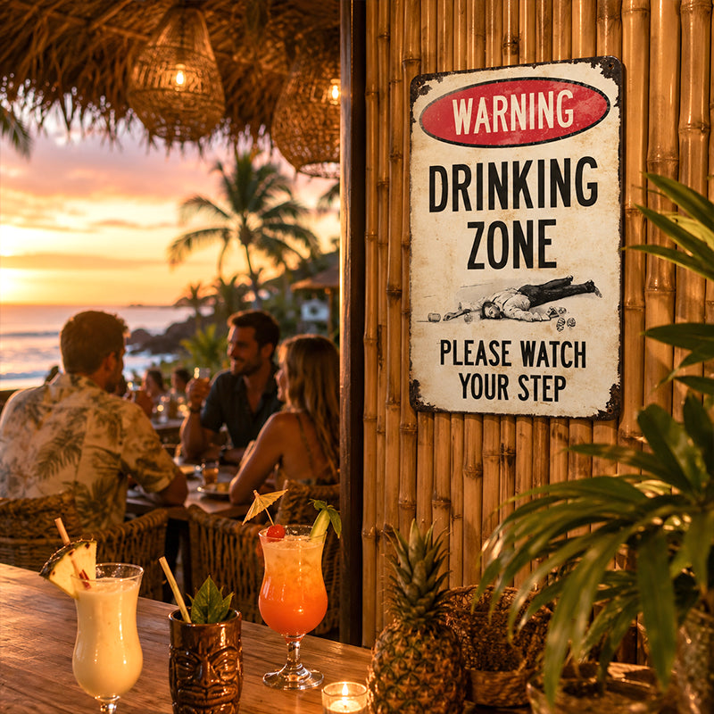 Retro Metal Drinking Zone Warning Sign for Bar Decor