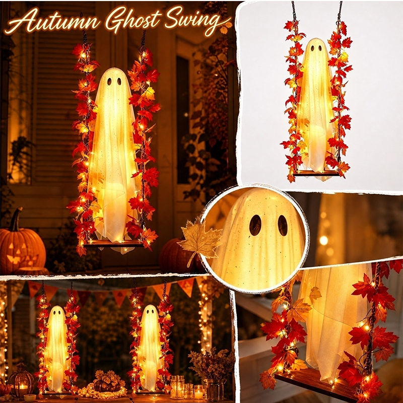 🔥🎁 New Product – 50% Off 🔥Hanging Halloween Ghost on Swing with Remote LED and Maple Leaves