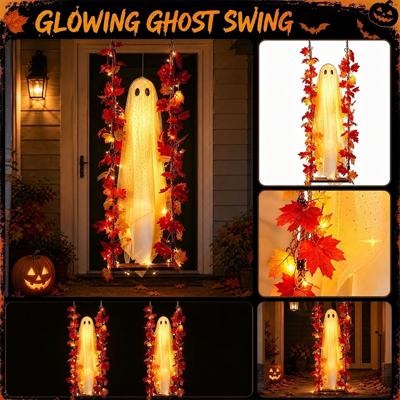 🔥🎁 New Product – 50% Off 🔥Hanging Halloween Ghost on Swing with Remote LED and Maple Leaves