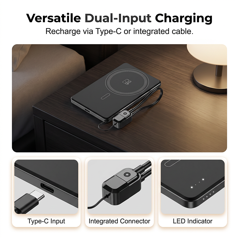 Portable 2.5W Watch Charger Power Bank with Integrated Cable