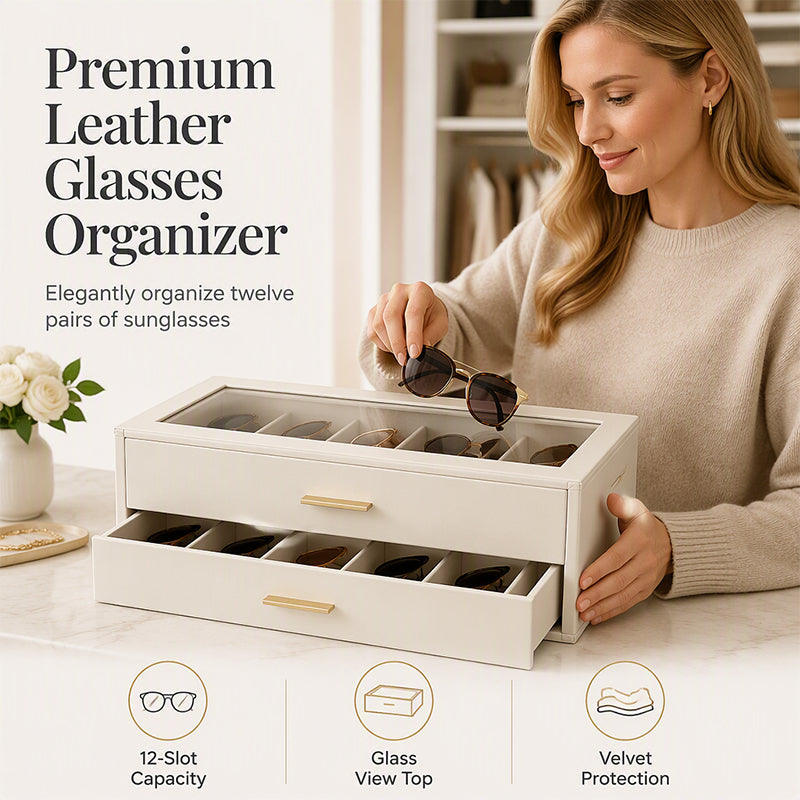 🕶️ 2-Tier Sunglasses Organizer Box with Transparent Glass Top – Display & Store 12 Glasses, PU Leather Eyewear Case with Lock, Dustproof for Home or Shop 🔒✨