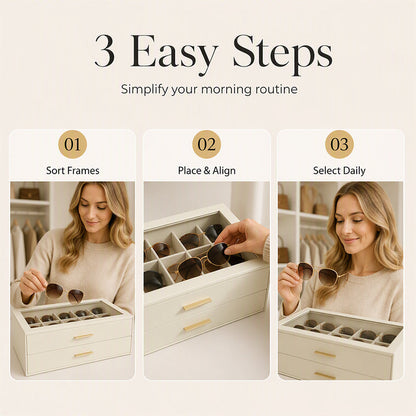 🕶️ 2-Tier Sunglasses Organizer Box with Transparent Glass Top – Display & Store 12 Glasses, PU Leather Eyewear Case with Lock, Dustproof for Home or Shop 🔒✨