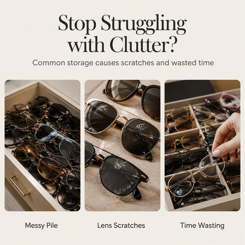 🕶️ 2-Tier Sunglasses Organizer Box with Transparent Glass Top – Display & Store 12 Glasses, PU Leather Eyewear Case with Lock, Dustproof for Home or Shop 🔒✨