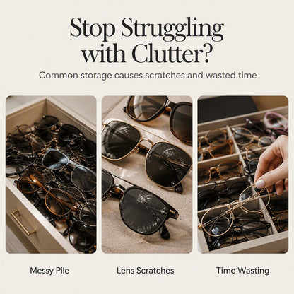 🕶️ 2-Tier Sunglasses Organizer Box with Transparent Glass Top – Display & Store 12 Glasses, PU Leather Eyewear Case with Lock, Dustproof for Home or Shop 🔒✨